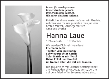 Traueranzeige von Hanna Laue von Trauerkombi Sangerhausen