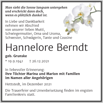 Traueranzeige von Hannelore Berndt von Trauerkombi Mansfelder Land