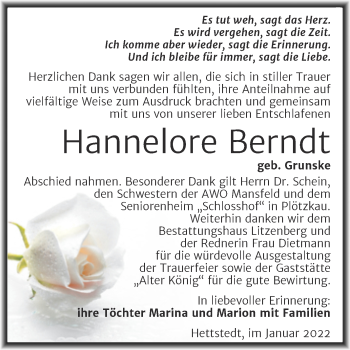 Traueranzeige von Hannelore Berndt von Trauerkombi Mansfelder Land