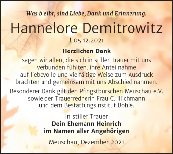 Traueranzeige von Hannelore Demitrowitz von Trauerkombi Merseburg