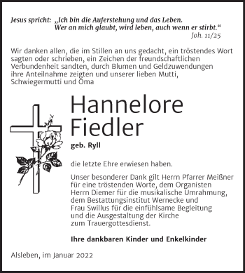 Traueranzeige von Hannelore Fiedler von Trauerkombi Bernburg