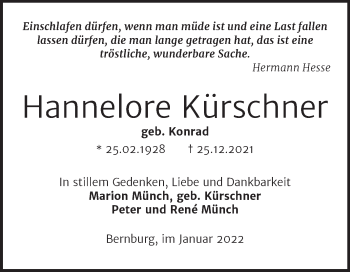 Traueranzeige von Hannelore Kürschner von Trauerkombi Bernburg