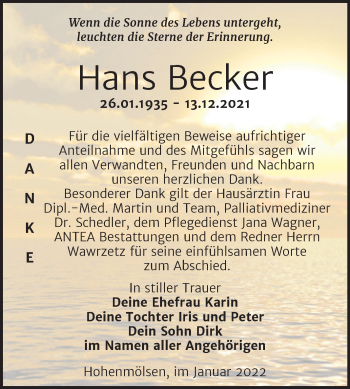 Traueranzeige von Hans Becker von Trauerkombi Weißenfels