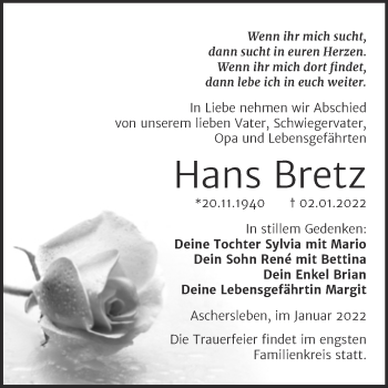 Traueranzeige von Hans Bretz von Trauerkombi Aschersleben