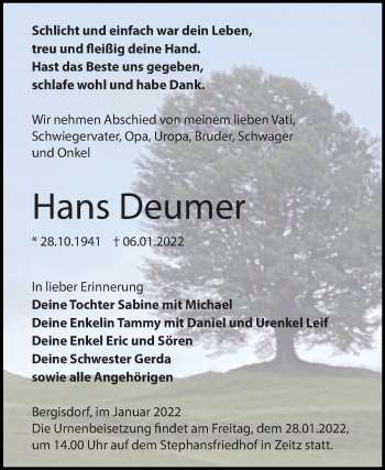 Traueranzeige von Hans Deumer von Trauerkombi Zeitz