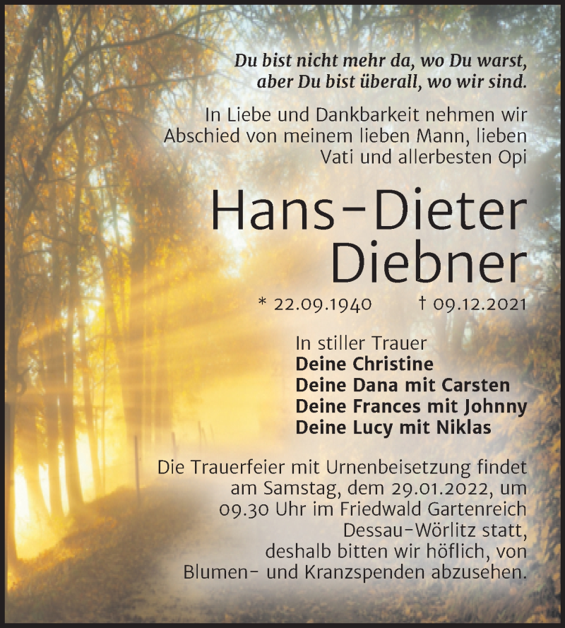  Traueranzeige für Hans-Dieter Diebner vom 12.01.2022 aus Trauerkombi Bitterfeld