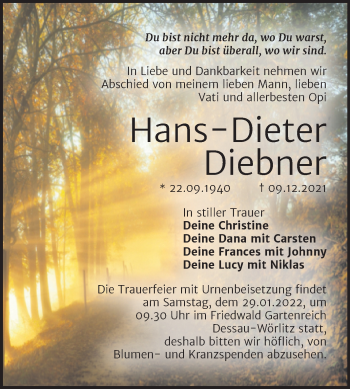 Traueranzeige von Hans-Dieter Diebner von Trauerkombi Bitterfeld