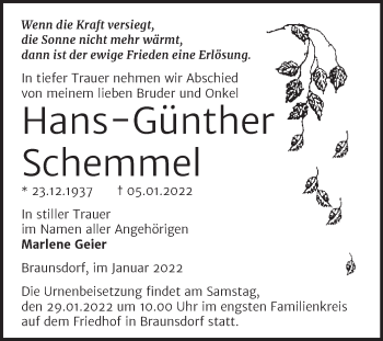 Traueranzeige von Hans-Günther Schemmel von Trauerkombi Wittenberg