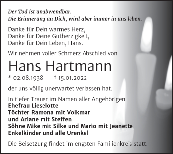 Traueranzeige von Hans Hartmann von Trauerkombi Dessau