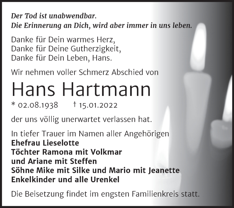  Traueranzeige für Hans Hartmann vom 22.01.2022 aus Trauerkombi Dessau