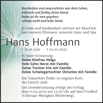 Traueranzeige von Hans Hoffmann von Trauerkombi Dessau