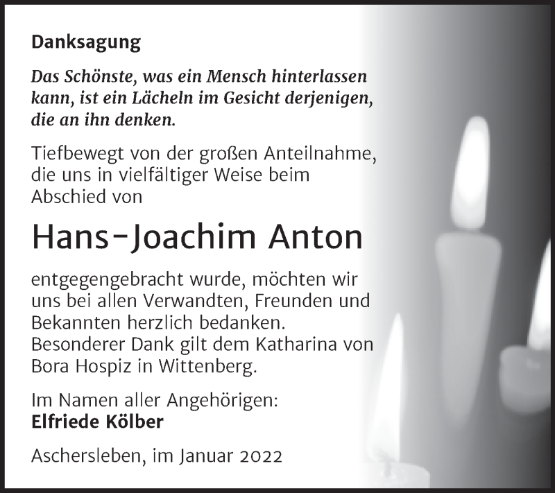  Traueranzeige für Hans-Joachim Anton vom 26.01.2022 aus Trauerkombi Aschersleben
