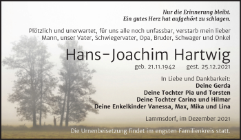 Traueranzeige von Hans-Joachim Hartwig von Trauerkombi Wittenberg