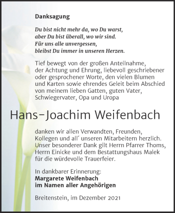 Traueranzeige von Hans-Joachim Weifenbach von Trauerkombi Sangerhausen