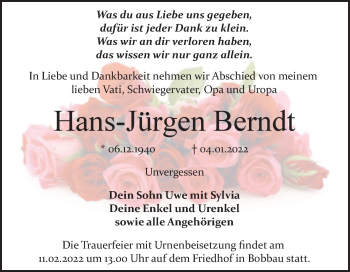 Traueranzeige von Hans-Jürgen Berndt von Trauerkombi Bitterfeld