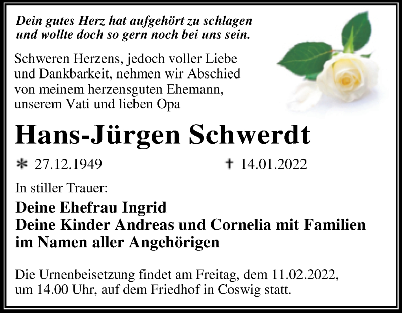  Traueranzeige für Hans-Jürgen Schwerdt vom 22.01.2022 aus Trauerkombi Wittenberg