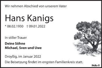 Traueranzeige von Hans Kanigs von Trauerkombi Zeitz