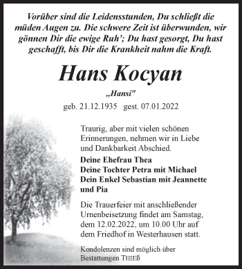 Traueranzeige von Hans Kocyan von Trauerkombi Quedlinburg