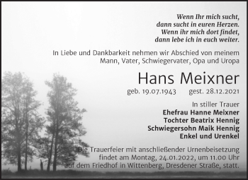 Traueranzeige von Hans Meixner von Trauerkombi Wittenberg