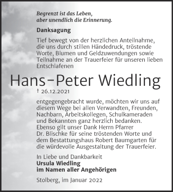 Traueranzeige von Hans-Peter Wiedling von Trauerkombi Sangerhausen