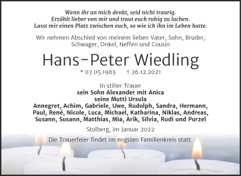 Traueranzeige von Hans-Peter Wiedling von Trauerkombi Sangerhausen