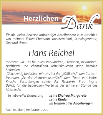Traueranzeige von Hans Reichel von Trauerkombi Aschersleben