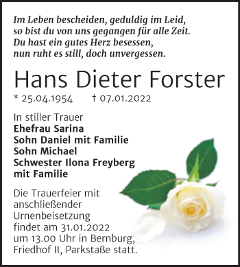 Traueranzeige von Hans Dieter Forster von Trauerkombi Bernburg