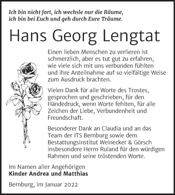 Traueranzeige von Hans Georg Lengtat von Trauerkombi Bernburg