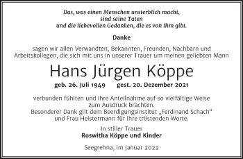 Traueranzeige von Hans Jürgen Köppe von Trauerkombi Wittenberg