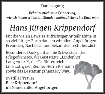 Traueranzeige von Hans Jürgen Krippendorf von Trauerkombi Weißenfels