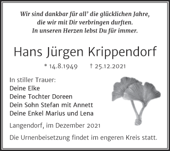 Traueranzeige von Hans Jürgen Krippendorf von Trauerkombi Weißenfels