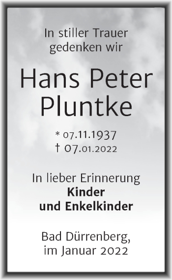 Traueranzeige von Hans Peter Pluntke von Trauerkombi Merseburg