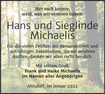 Traueranzeige von Hans und Sieglinde Michaelis von Trauerkombi Mansfelder Land