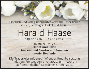 Traueranzeige von Harald Haase von Trauerkombi Wittenberg