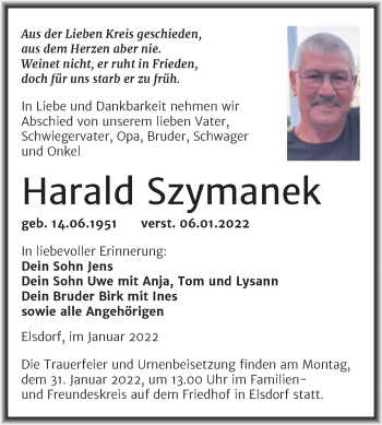 Traueranzeige von Harald Szymanek von Trauerkombi Köthen