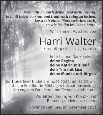 Traueranzeige von Harri Walter von Trauerkombi Mansfelder Land
