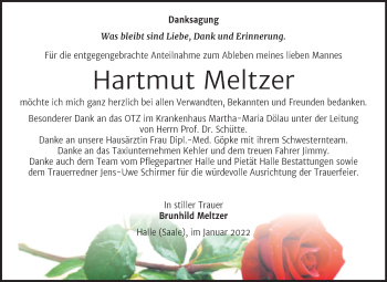 Traueranzeige von Hartmut Meltzer von Mitteldeutsche Zeitung Halle/Saalkreis