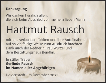 Traueranzeige von Hartmut Rausch von Trauerkombi Sangerhausen