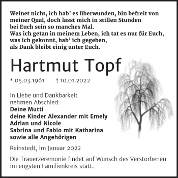 Traueranzeige von Hartmut Topf von Trauerkombi Quedlinburg