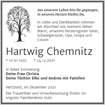 Traueranzeige von Hartwig Chemnitz von Trauerkombi Mansfelder Land