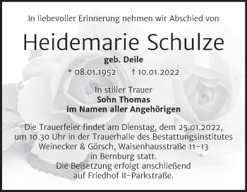 Traueranzeige von Heidemarie Schulze von Trauerkombi Bernburg