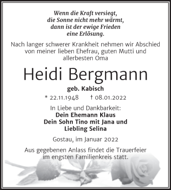 Traueranzeige von Heidi Bergmann von Trauerkombi Weißenfels