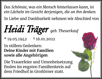Traueranzeige von Heidi Träger von Trauerkombi Mansfelder Land