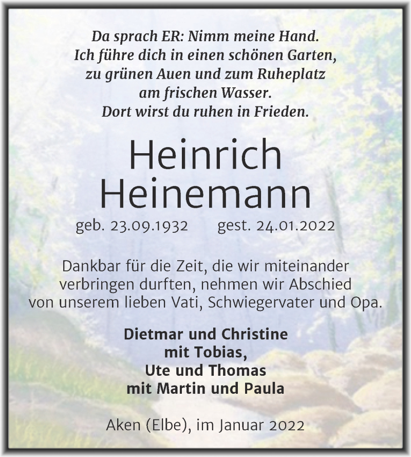  Traueranzeige für Heinrich Heinemann vom 26.01.2022 aus Trauerkombi Köthen