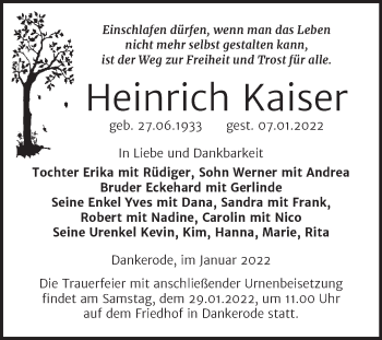 Traueranzeige von Heinrich Kaiser von Super Sonntag Quedlingburg