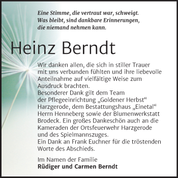Traueranzeige von Heinz Berndt von Trauerkombi Quedlinburg