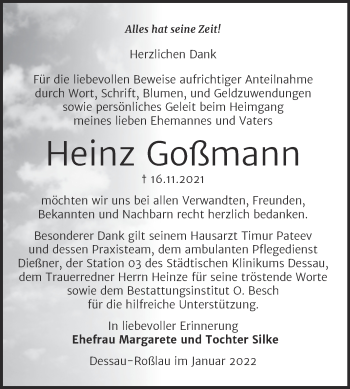 Traueranzeige von Heinz Goßmann von Super Sonntag Dessau-Roßlau