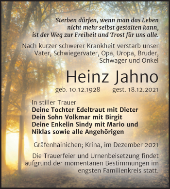 Traueranzeige von Heinz Jahno von Trauerkombi Bitterfeld