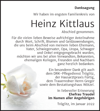 Traueranzeige von Heinz Kittlaus von Trauerkombi Zeitz