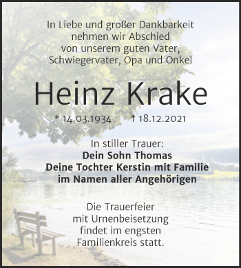 Traueranzeige von Heinz Krake von Trauerkombi Bitterfeld